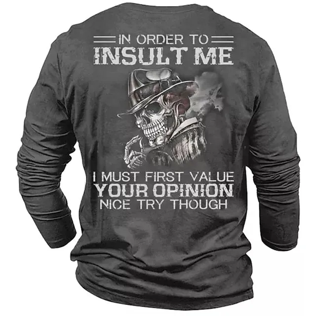 3D Skull Graphic Men's Long Sleeve Tee for Stylish Vacations