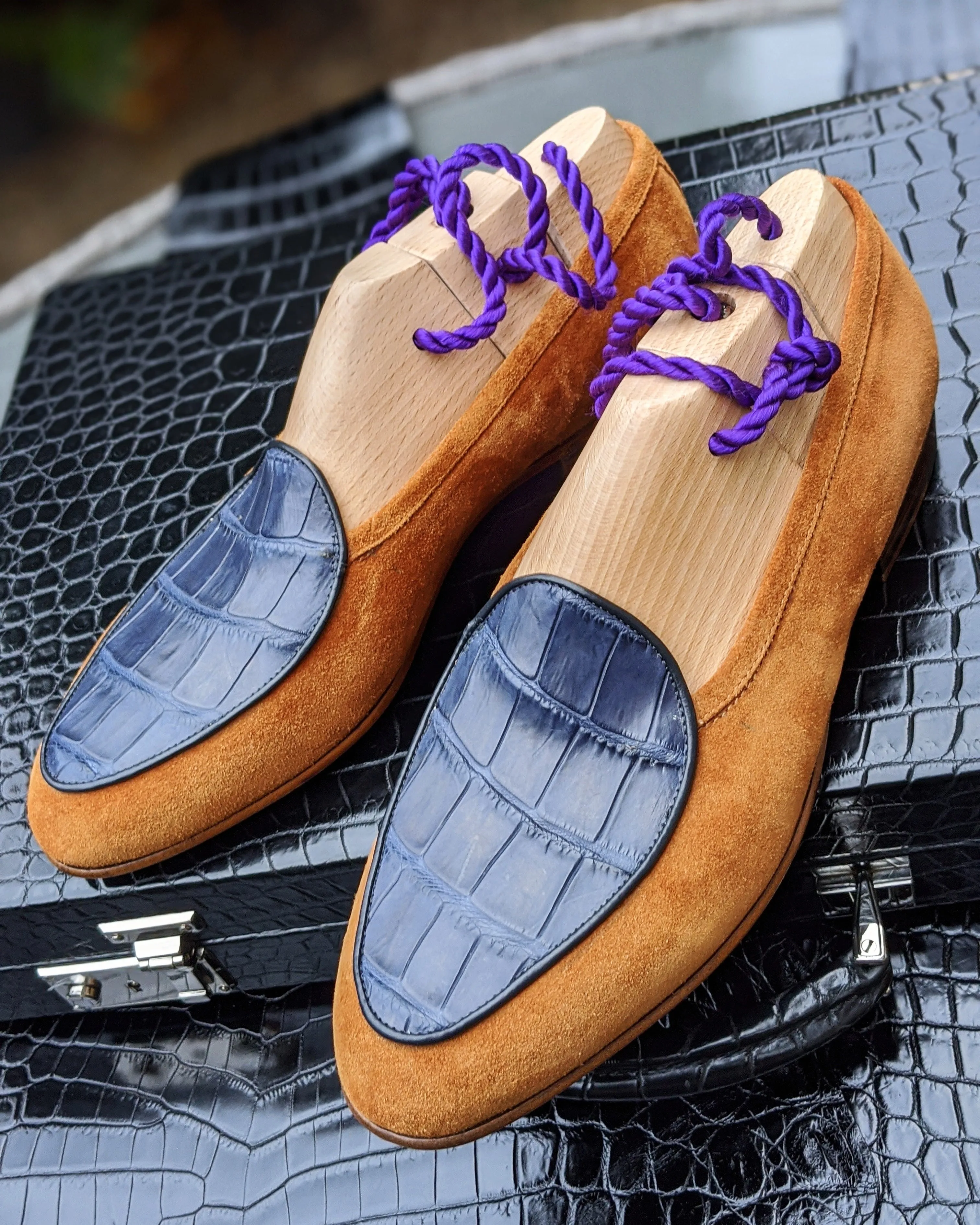 Belgian Loafer - Tan Suede & Blue Crocodile
