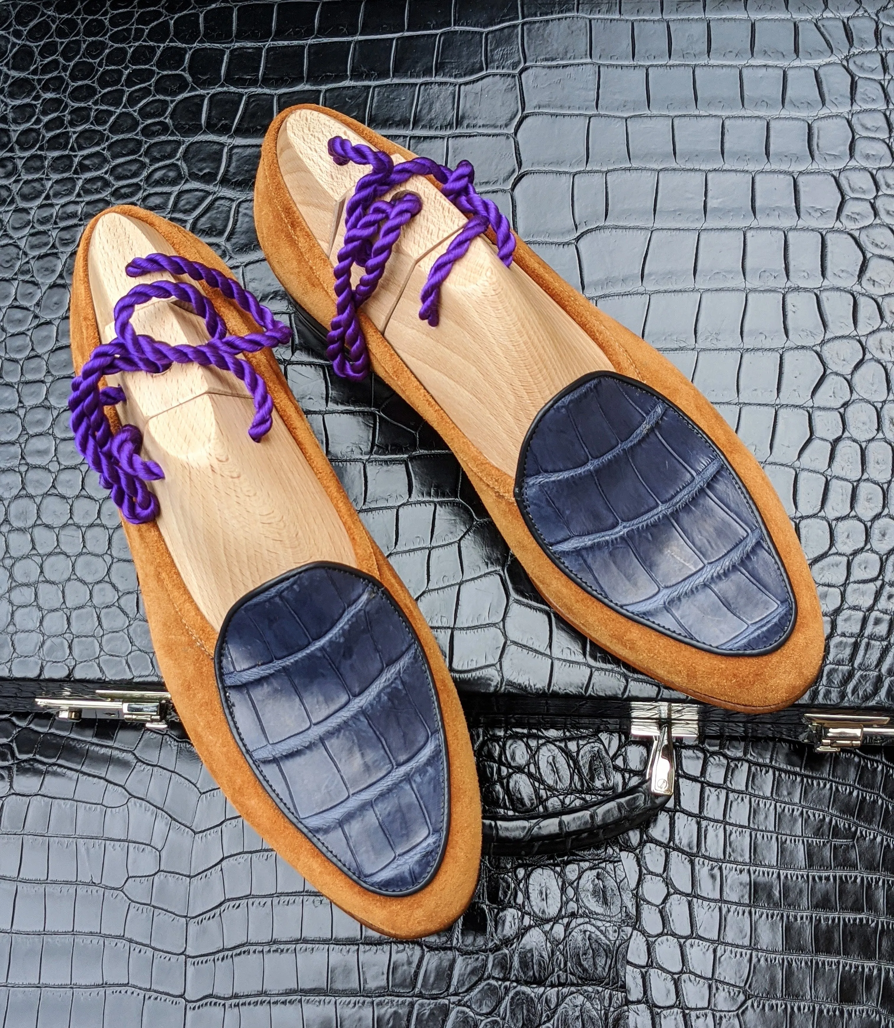 Belgian Loafer - Tan Suede & Blue Crocodile