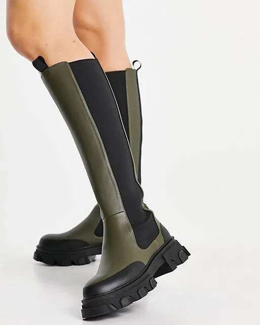 Chunky Knee Boots In Khaki