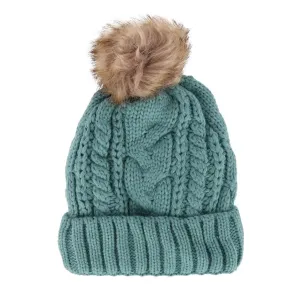CTM® Women's Cable Knit Lined Winter Beanie with Synthetic Fur Pom