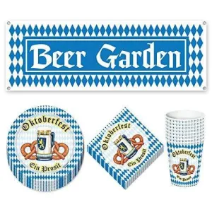Oktoberfest Party Pack - Pretzel Plates, Napkins, Beverage Cups with Beer Garden Sign Banner (Serves 8)