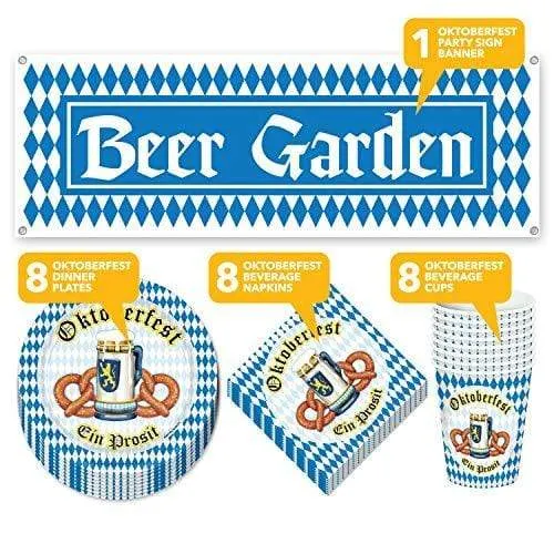 Oktoberfest Party Pack - Pretzel Plates, Napkins, Beverage Cups with Beer Garden Sign Banner (Serves 8)