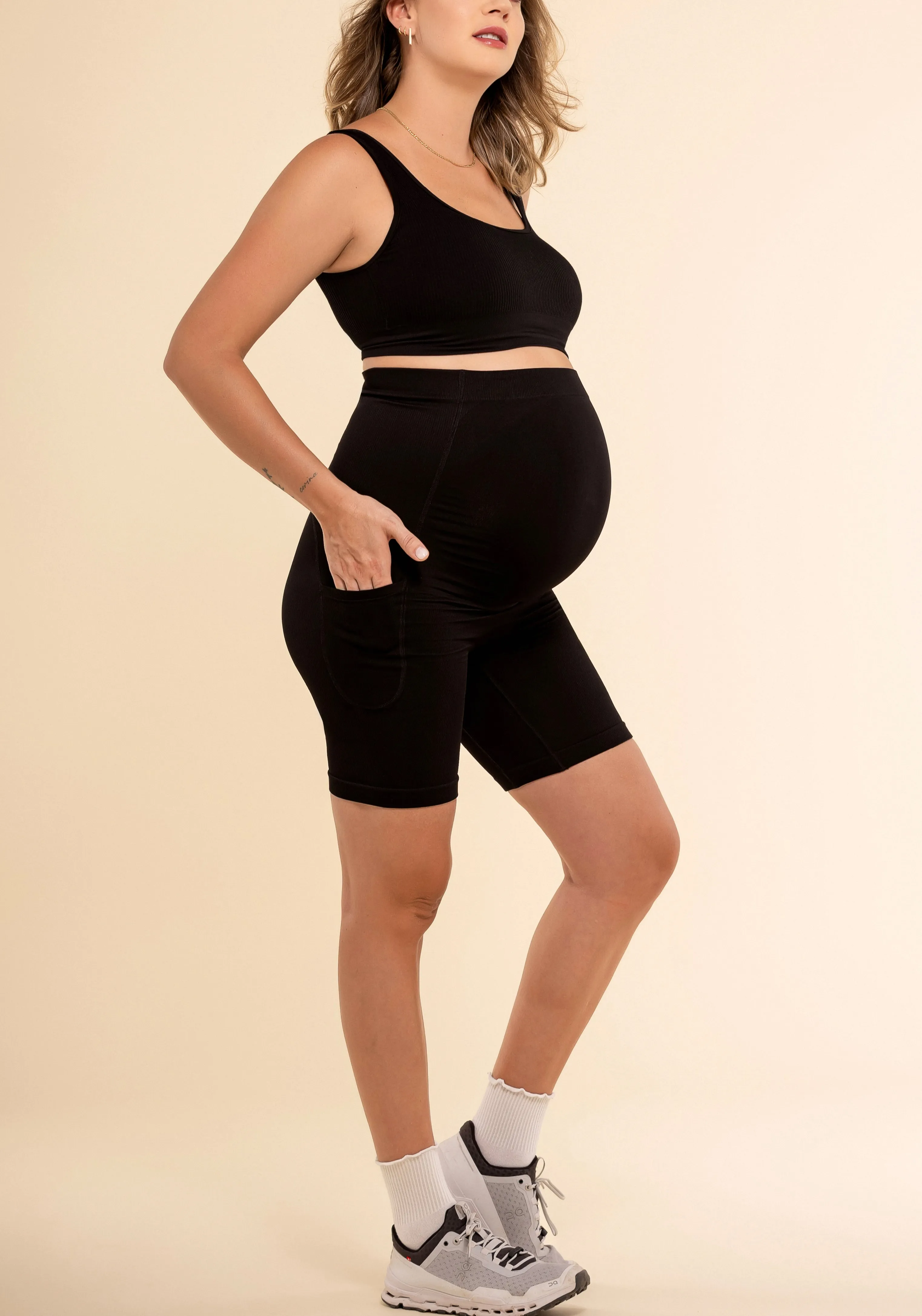 Ribbed Maternity Belly Support Biker Shorts   Pockets