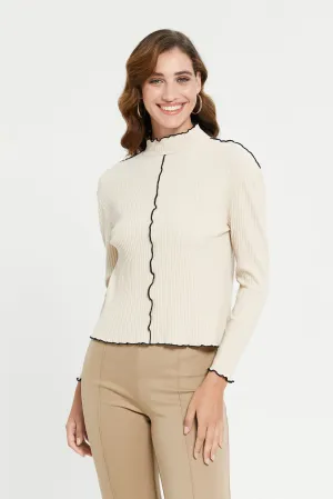 Women Beige High Neck Contrast Piping Detailed Jersey Top