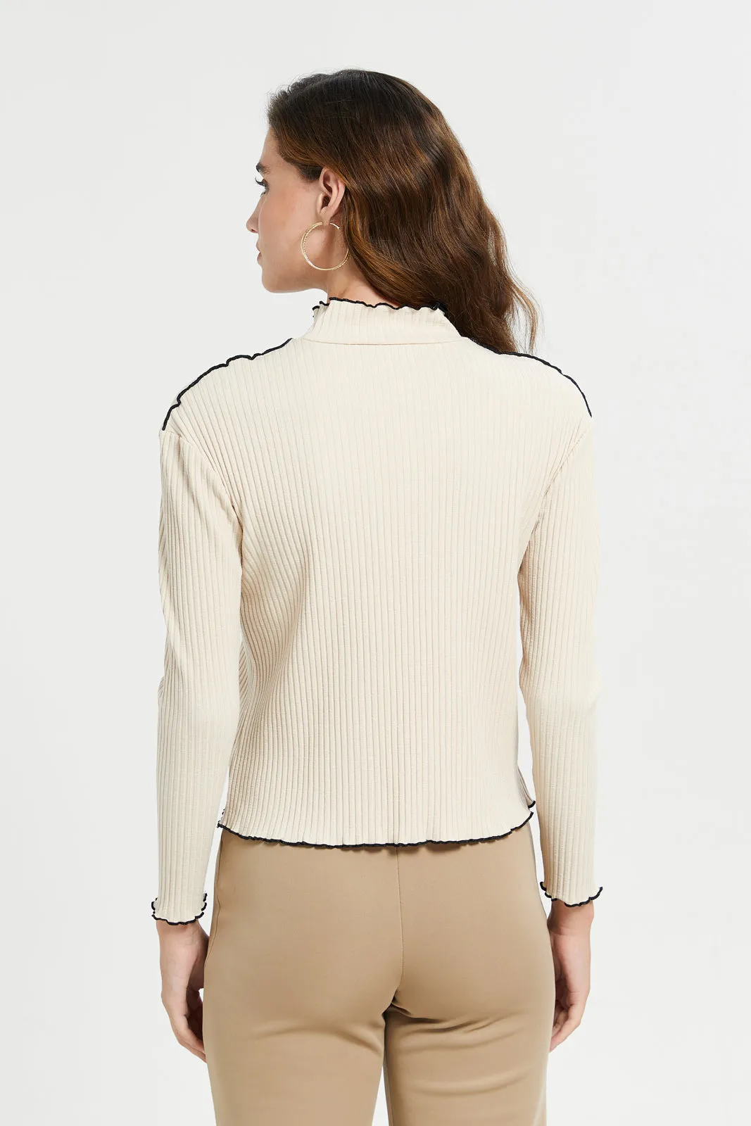 Women Beige High Neck Contrast Piping Detailed Jersey Top
