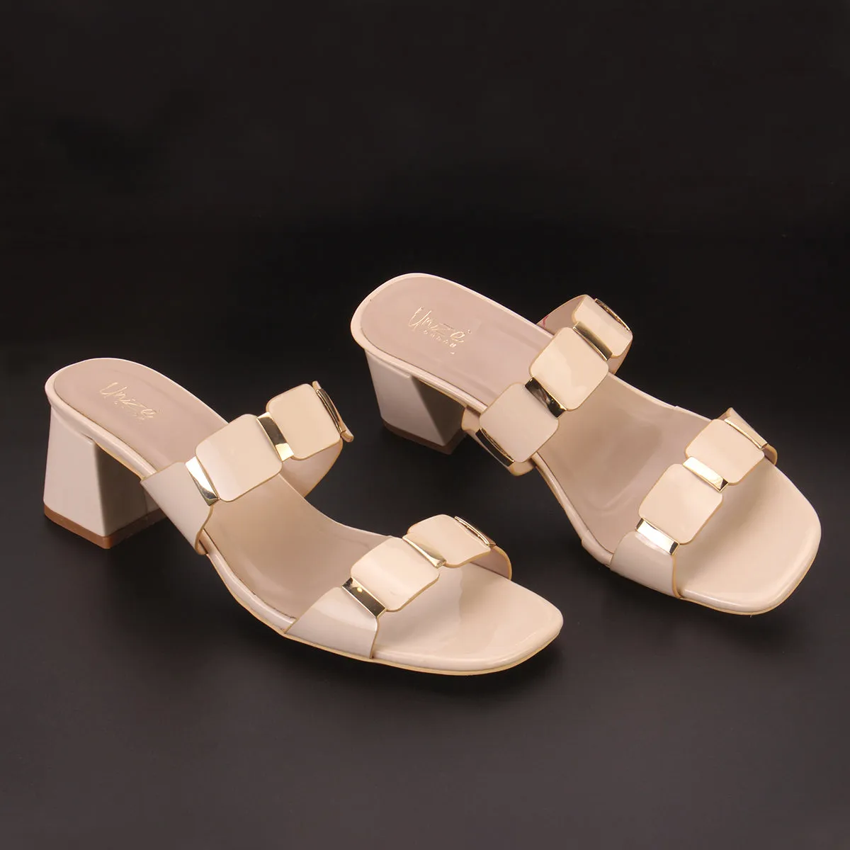 Womens "NATALIA" Fancy Block Heel Slide In Sandals